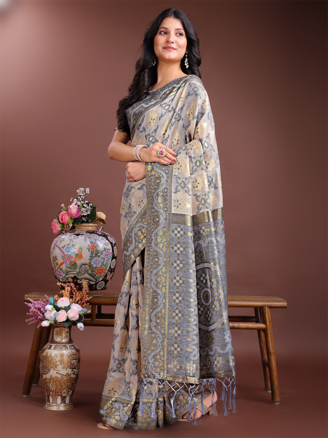 Shree Shyam Fashion Graceful Beige & Grey Linen Cotton Saree - Lightweight Elegance for Modern Women