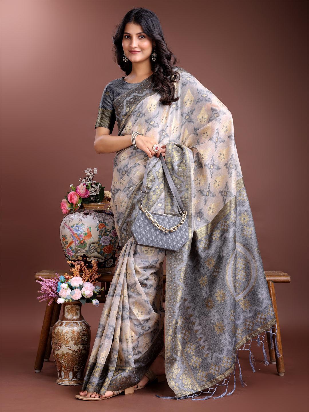 Shree Shyam Fashion Graceful Beige & Grey Linen Cotton Saree - Lightweight Elegance for Modern Women