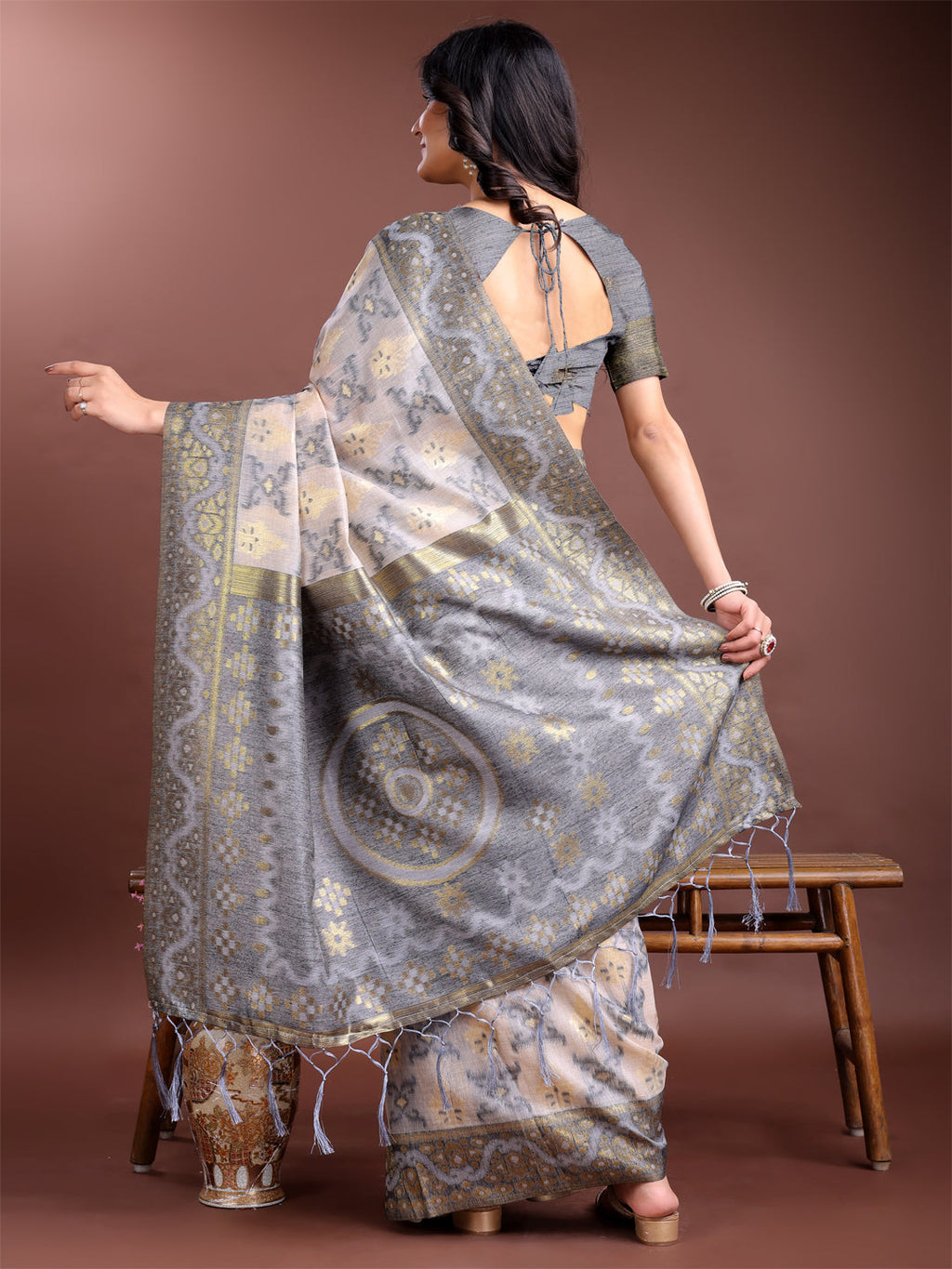 Shree Shyam Fashion Graceful Beige & Grey Linen Cotton Saree - Lightweight Elegance for Modern Women