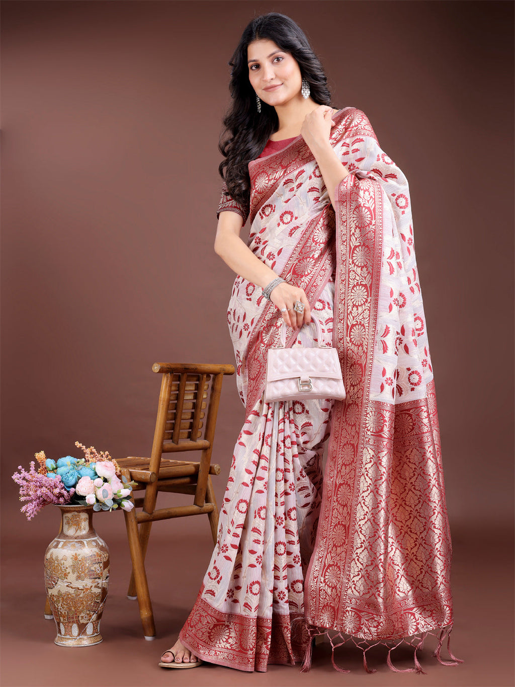 Shree Shyam Fashion Maroon Linen Cotton Woven Zari Work Traditional Tassel Saree