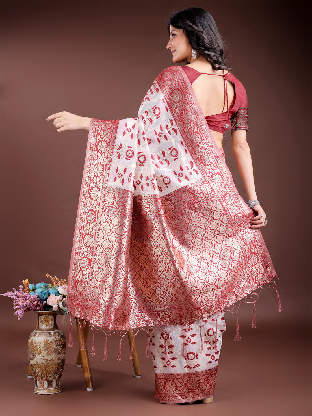 Shree Shyam Fashion Maroon Linen Cotton Woven Zari Work Traditional Tassel Saree