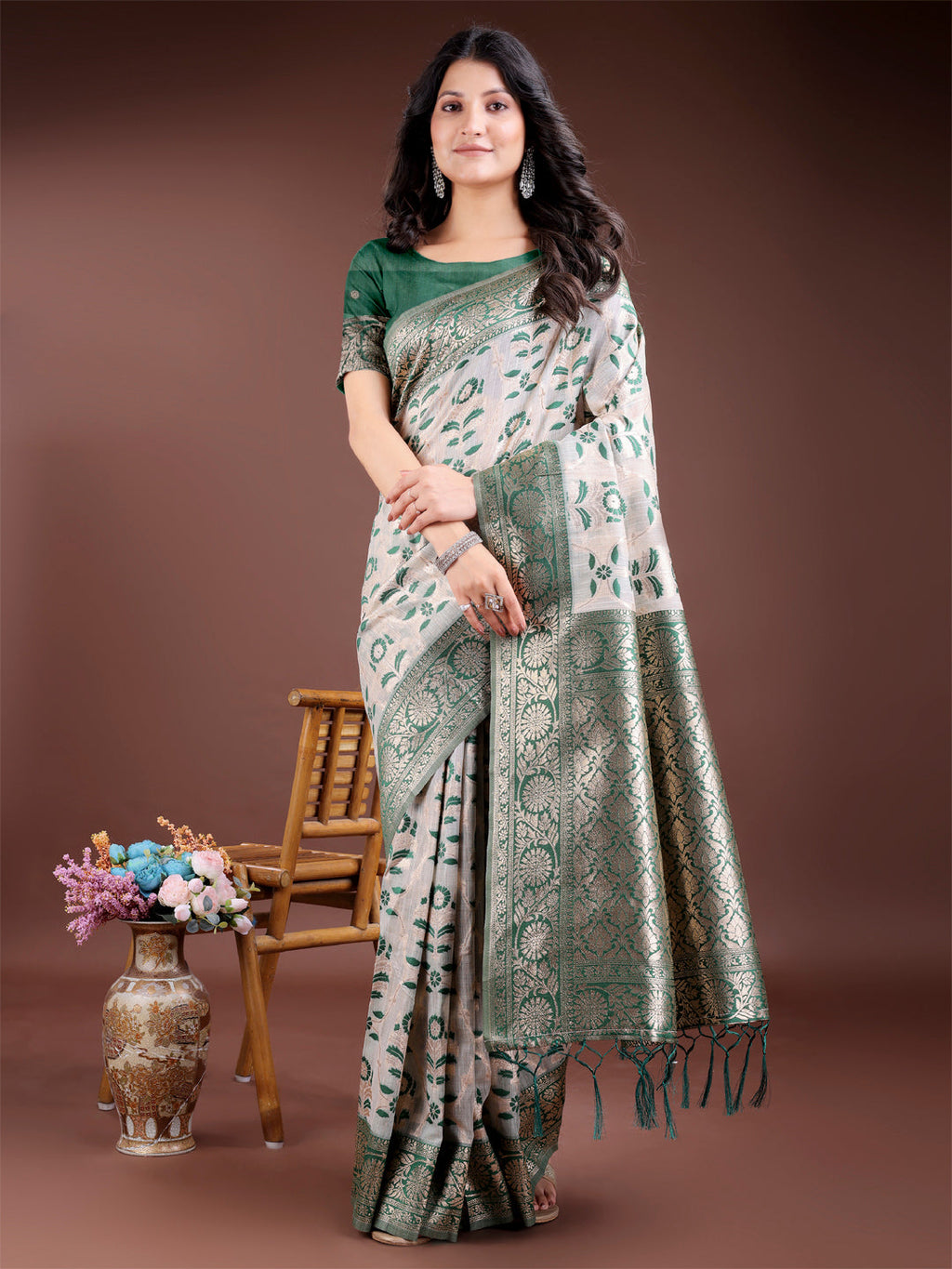 Shree Shyam Fashion Green Linen Cotton Woven Zari Work Traditional Tassel Saree