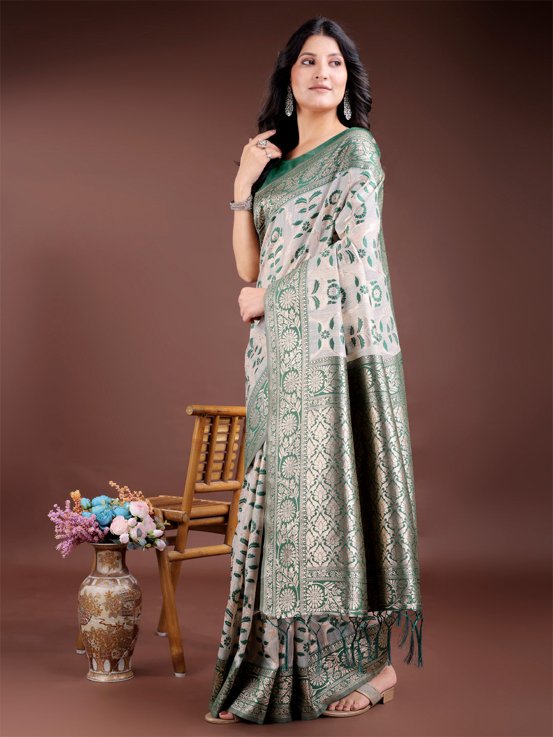 Shree Shyam Fashion Green Linen Cotton Woven Zari Work Traditional Tassel Saree