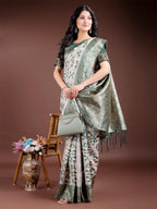 Shree Shyam Fashion Green Linen Cotton Woven Zari Work Traditional Tassel Saree