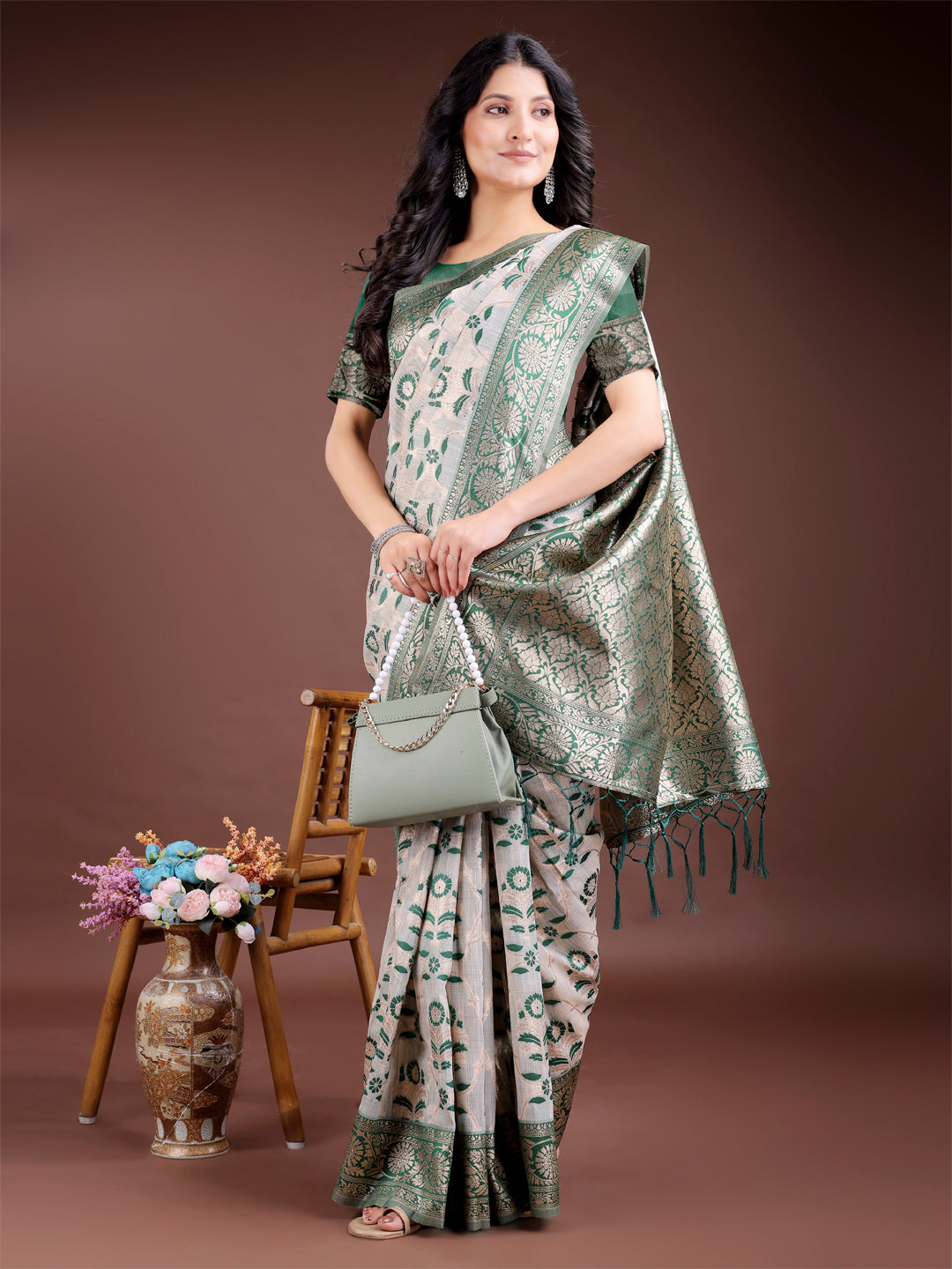 Shree Shyam Fashion Green Linen Cotton Woven Zari Work Traditional Tassel Saree