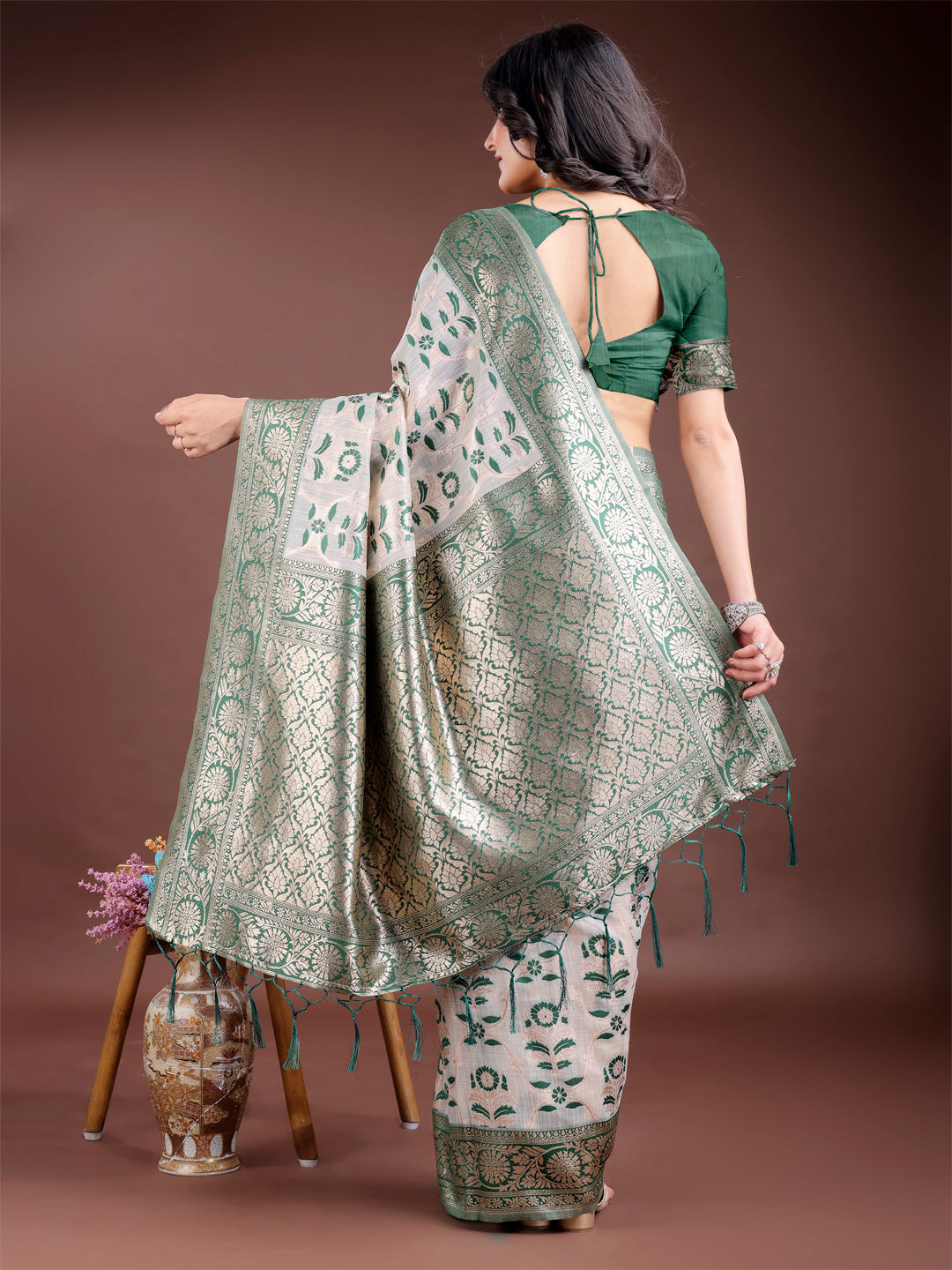 Shree Shyam Fashion Green Linen Cotton Woven Zari Work Traditional Tassel Saree