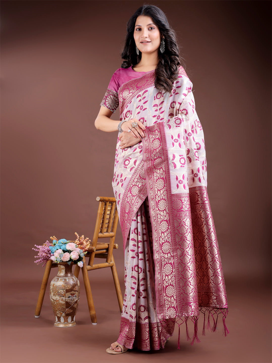 Shree Shyam Fashion Purple Linen Cotton Woven Zari Work Traditional Tassel Saree