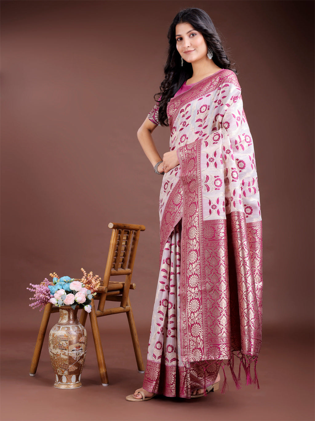 Shree Shyam Fashion Purple Linen Cotton Woven Zari Work Traditional Tassel Saree