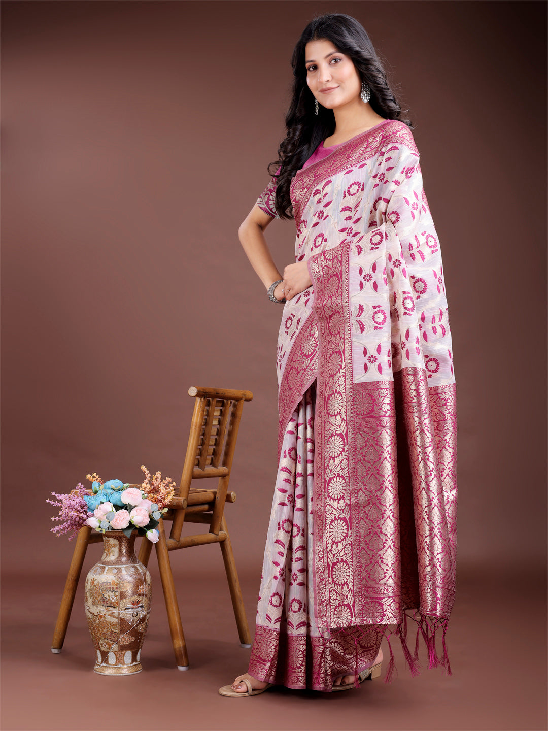 Shree Shyam Fashion Purple Linen Cotton Woven Zari Work Traditional Tassel Saree