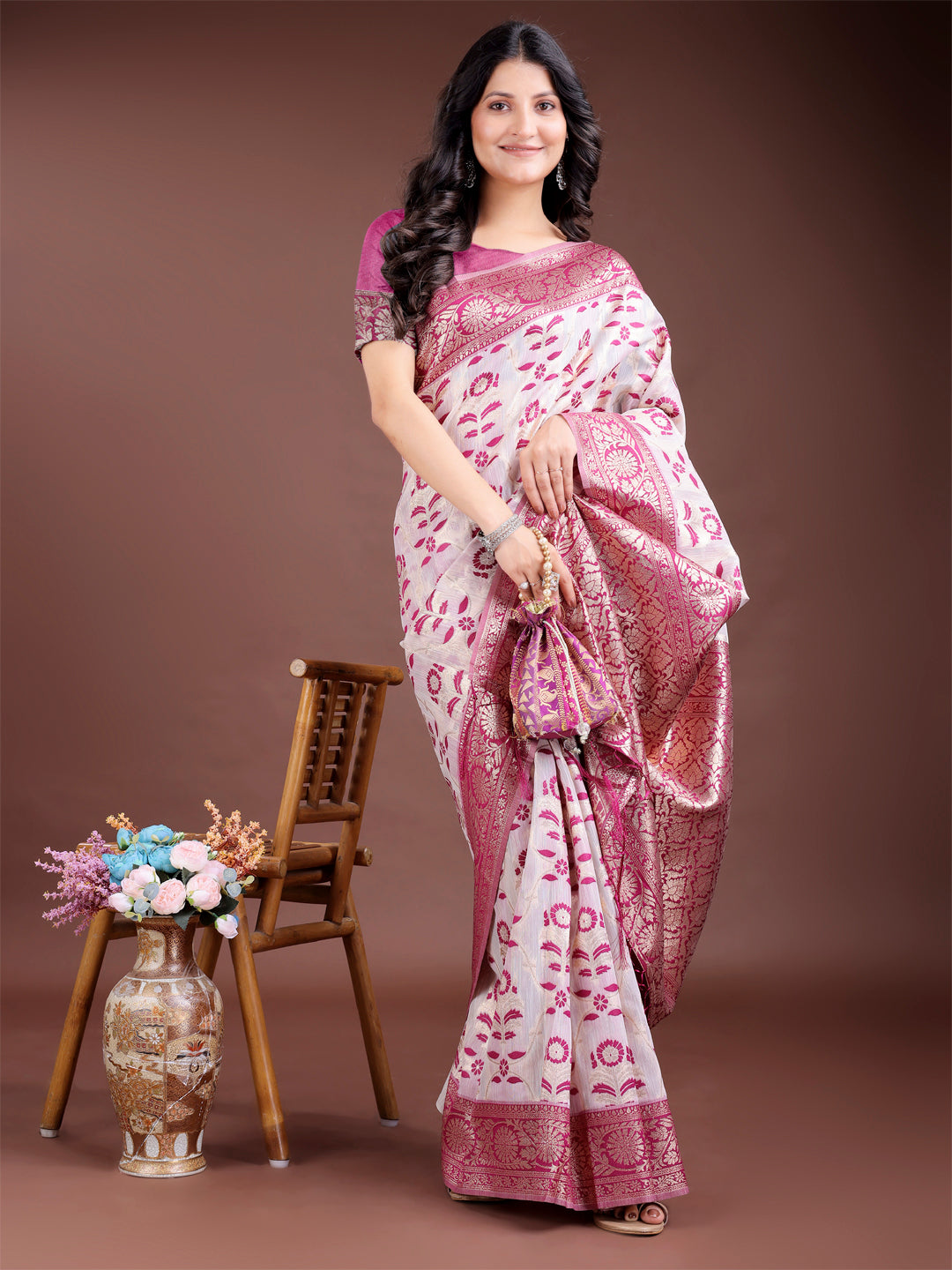 Shree Shyam Fashion Purple Linen Cotton Woven Zari Work Traditional Tassel Saree
