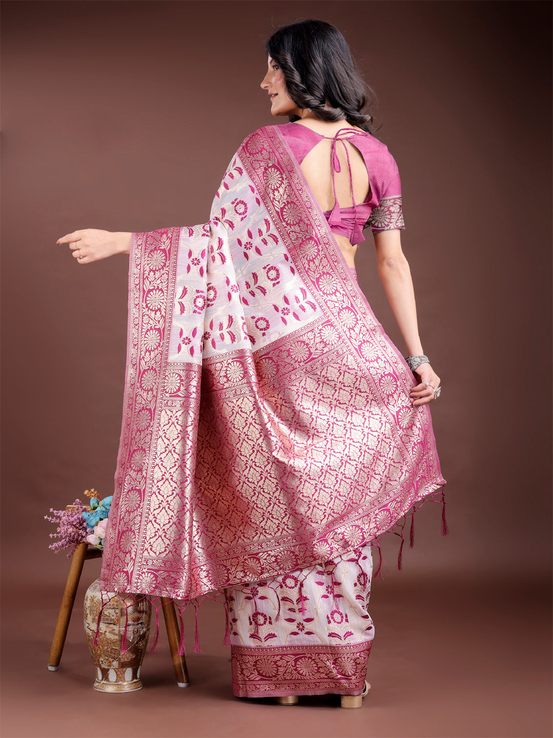Shree Shyam Fashion Purple Linen Cotton Woven Zari Work Traditional Tassel Saree