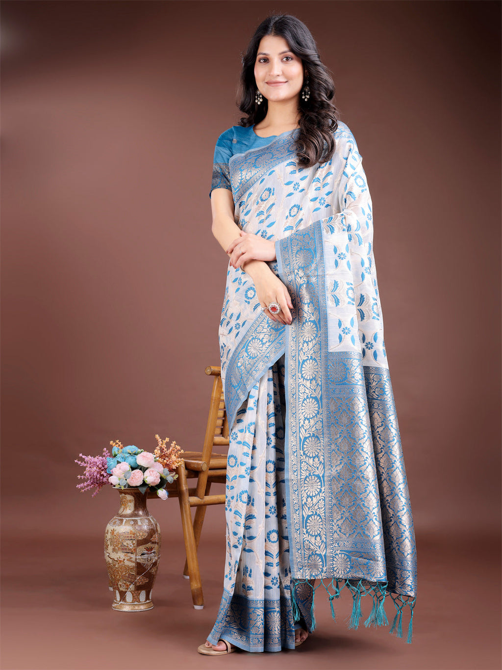 Shree Shyam Fashion Sky Blue Linen Cotton Woven Zari Work Traditional Tassel Saree