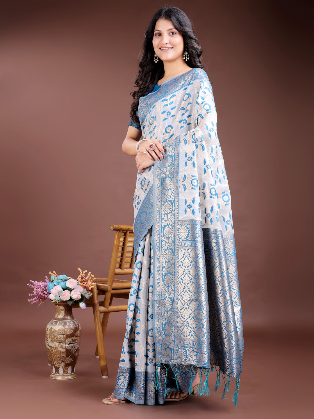 Shree Shyam Fashion Sky Blue Linen Cotton Woven Zari Work Traditional Tassel Saree