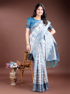 Shree Shyam Fashion Sky Blue Linen Cotton Woven Zari Work Traditional Tassel Saree