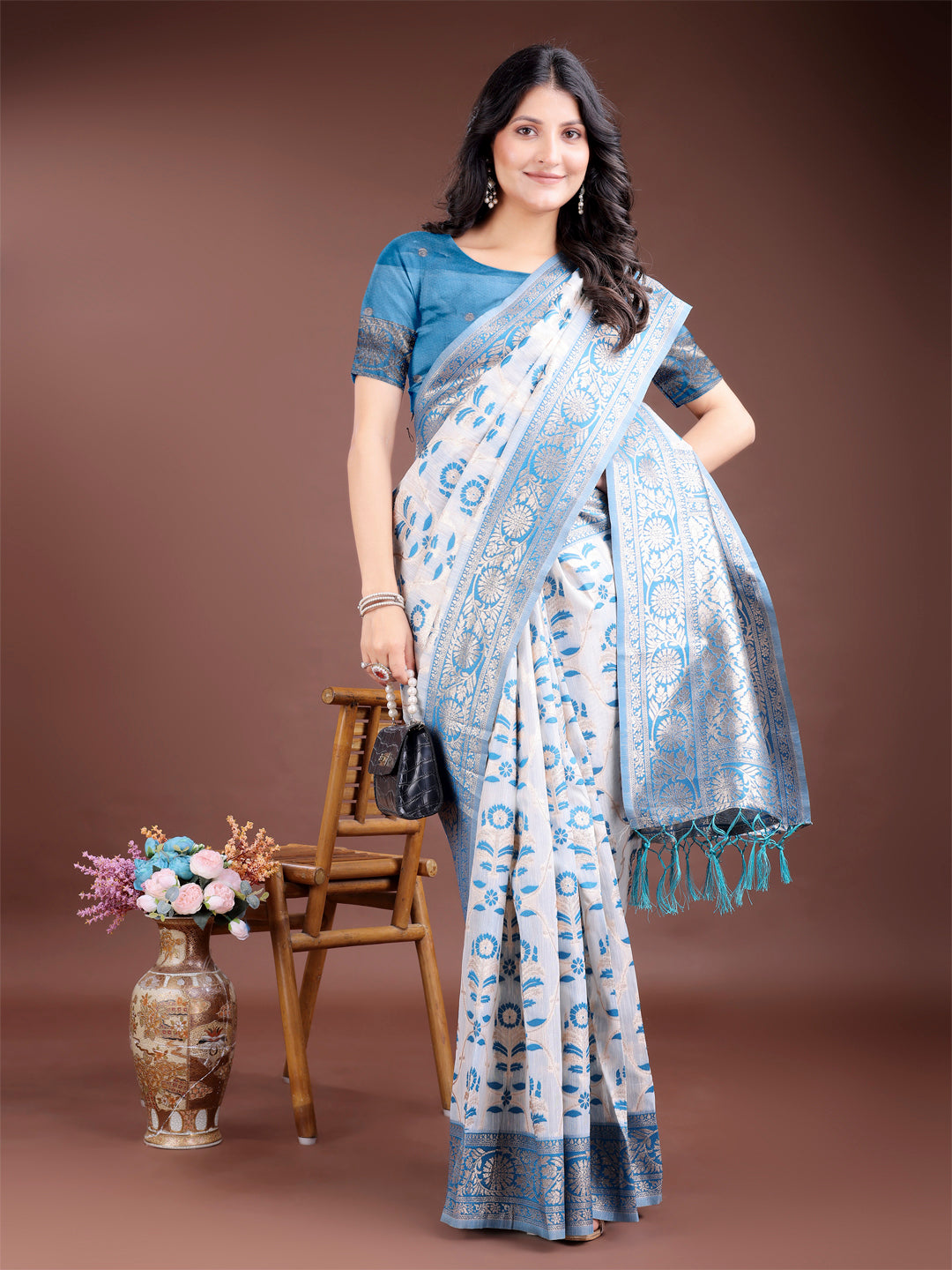 Shree Shyam Fashion Sky Blue Linen Cotton Woven Zari Work Traditional Tassel Saree