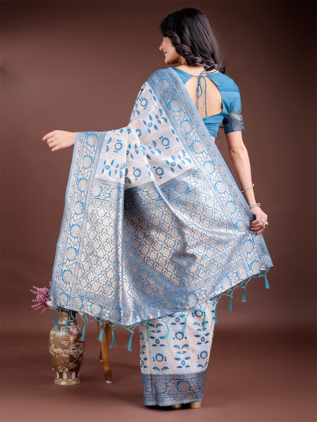 Shree Shyam Fashion Sky Blue Linen Cotton Woven Zari Work Traditional Tassel Saree