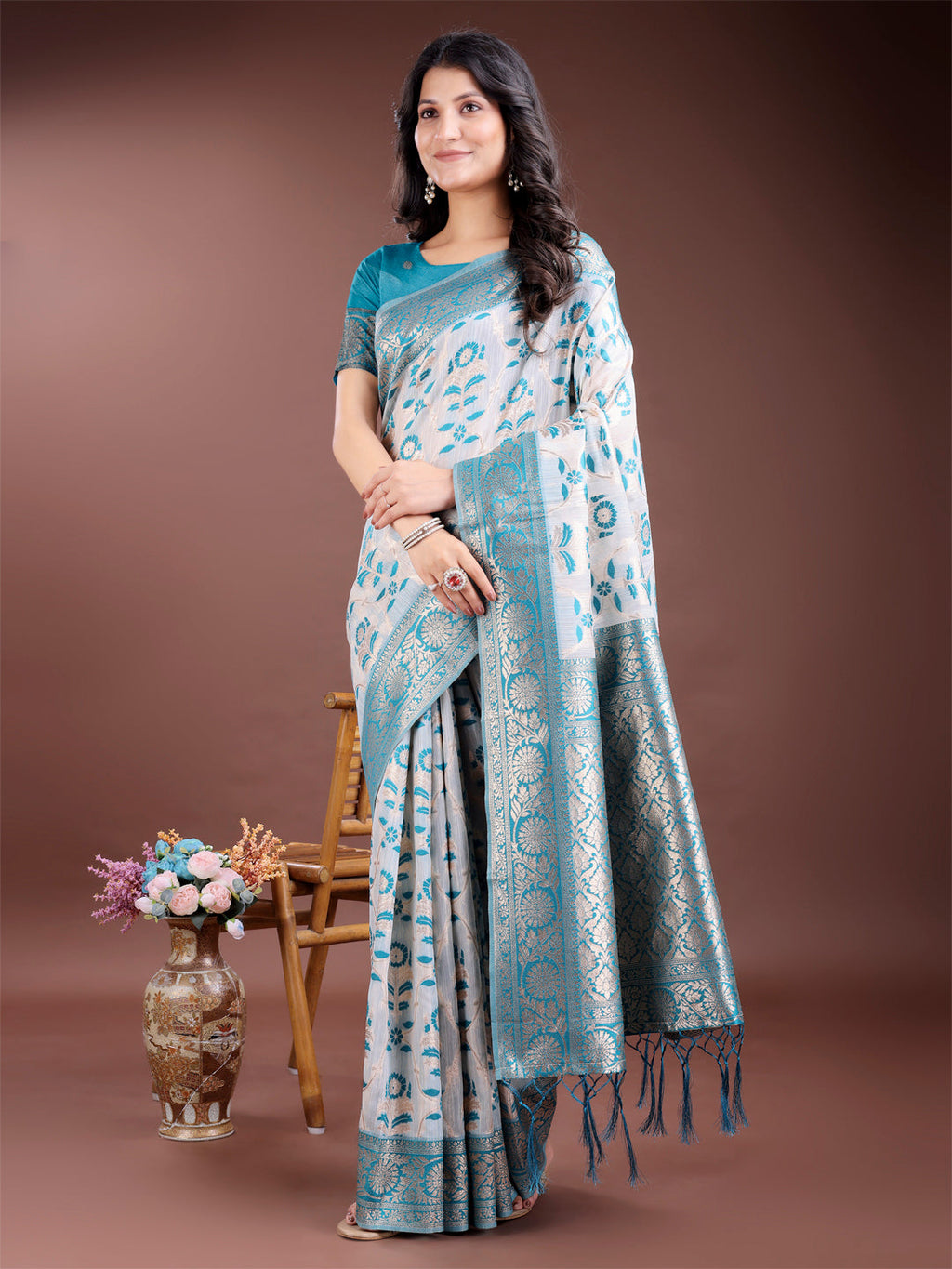 Shree Shyam Fashion Sea Green Linen Cotton Woven Zari Work Traditional Tassel Saree