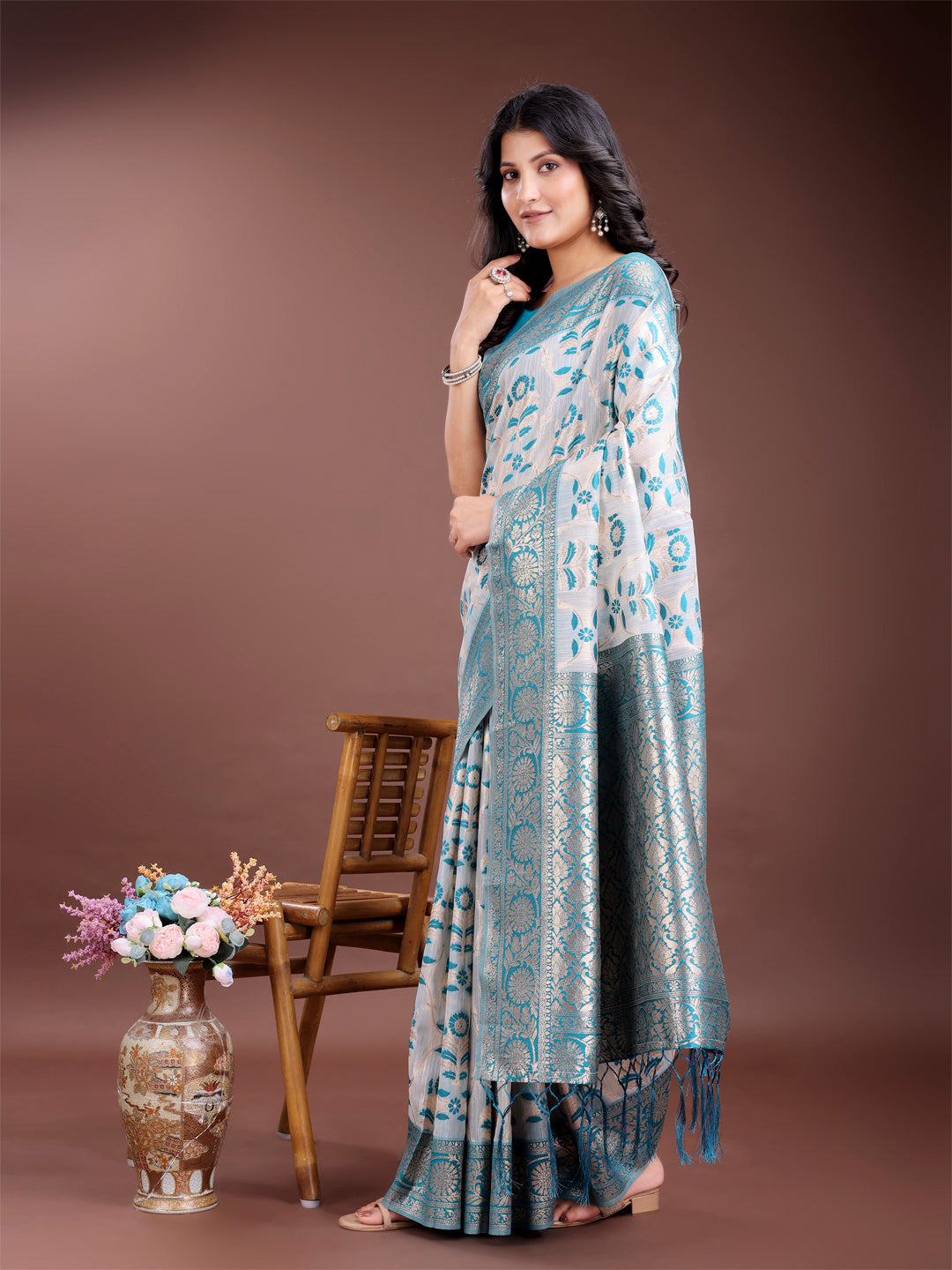 Shree Shyam Fashion Sea Green Linen Cotton Woven Zari Work Traditional Tassel Saree