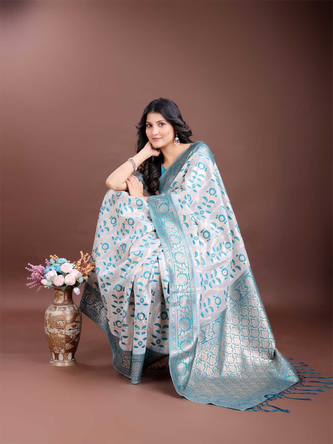 Shree Shyam Fashion Sea Green Linen Cotton Woven Zari Work Traditional Tassel Saree