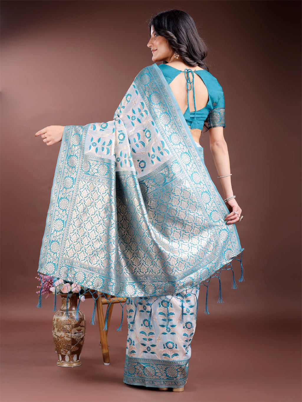 Shree Shyam Fashion Sea Green Linen Cotton Woven Zari Work Traditional Tassel Saree
