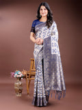 Shree Shyam Fashion Navy Blue Linen Cotton Woven Zari Work Traditional Tassel Saree