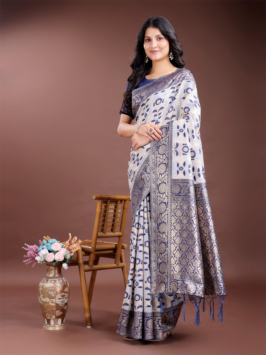 Shree Shyam Fashion Navy Blue Linen Cotton Woven Zari Work Traditional Tassel Saree