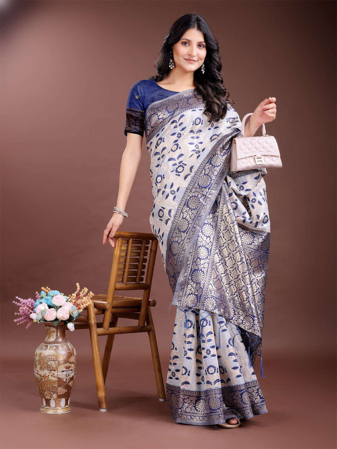 Shree Shyam Fashion Navy Blue Linen Cotton Woven Zari Work Traditional Tassel Saree