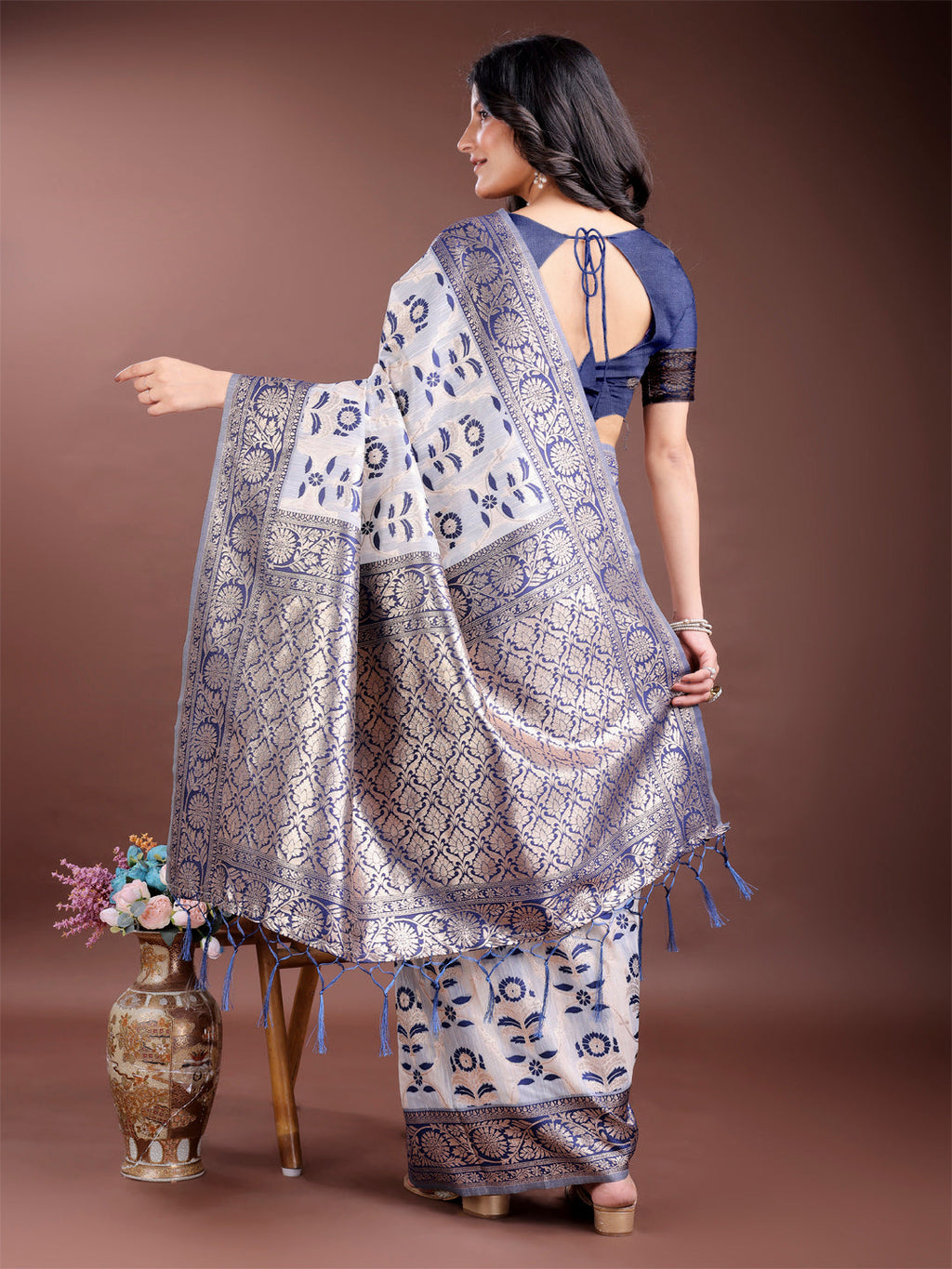 Shree Shyam Fashion Navy Blue Linen Cotton Woven Zari Work Traditional Tassel Saree