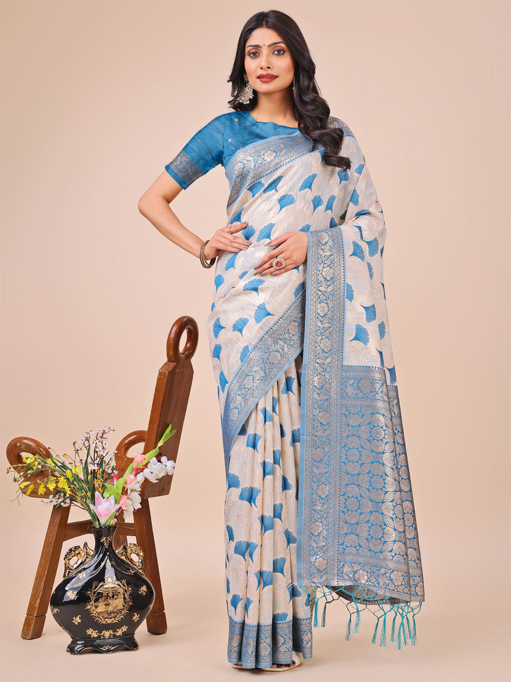 Shree Shyam Fashion Elegant Off-White & Sky Blue Linen Cotton Saree with Zari Woven Border and Pallu - Soft Lightweight Saree for Daily,Festive & Office Wear