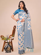 Shree Shyam Fashion Elegant Off-White & Sky Blue Linen Cotton Saree with Zari Woven Border and Pallu - Soft Lightweight Saree for Daily,Festive & Office Wear