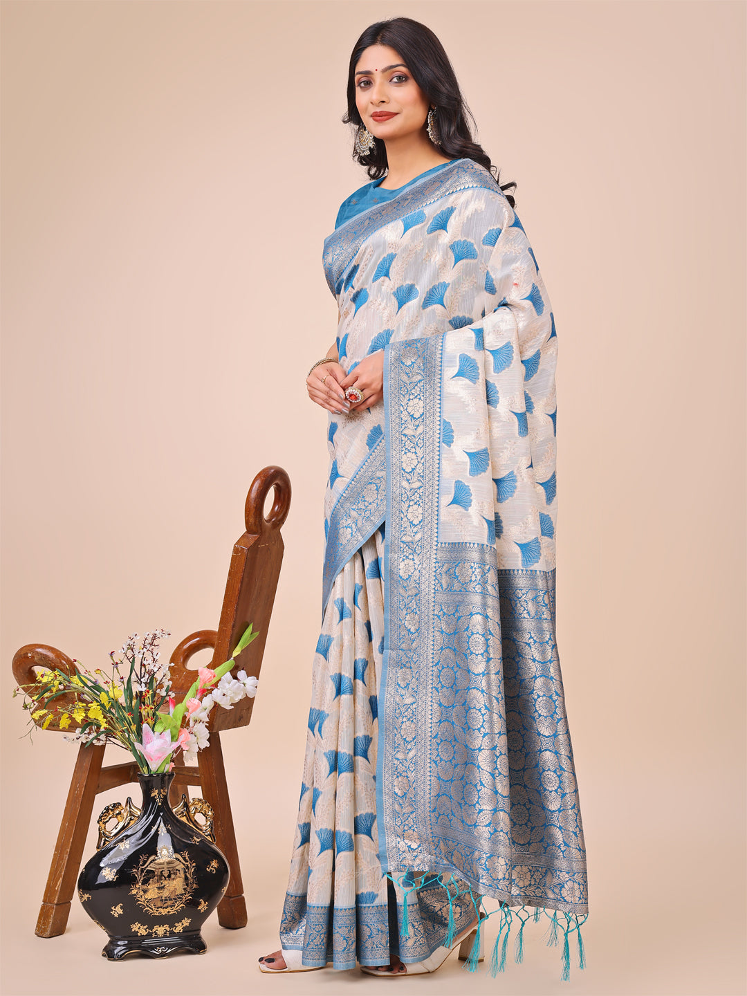 Shree Shyam Fashion Elegant Off-White & Sky Blue Linen Cotton Saree with Zari Woven Border and Pallu - Soft Lightweight Saree for Daily,Festive & Office Wear