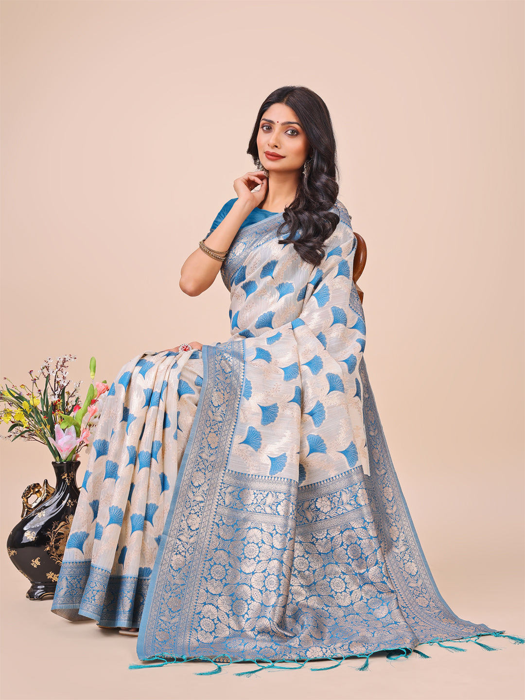 Shree Shyam Fashion Elegant Off-White & Sky Blue Linen Cotton Saree with Zari Woven Border and Pallu - Soft Lightweight Saree for Daily,Festive & Office Wear