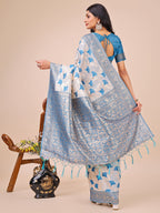 Shree Shyam Fashion Elegant Off-White & Sky Blue Linen Cotton Saree with Zari Woven Border and Pallu - Soft Lightweight Saree for Daily,Festive & Office Wear