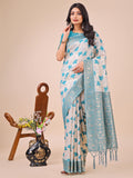 Shree Shyam Fashion Elegant Off-White & Teal Linen Cotton Saree with Zari Woven Border and Pallu - Soft Lightweight Saree for Daily,Festive & Office Wear