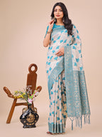 Shree Shyam Fashion Elegant Off-White & Teal Linen Cotton Saree with Zari Woven Border and Pallu - Soft Lightweight Saree for Daily,Festive & Office Wear