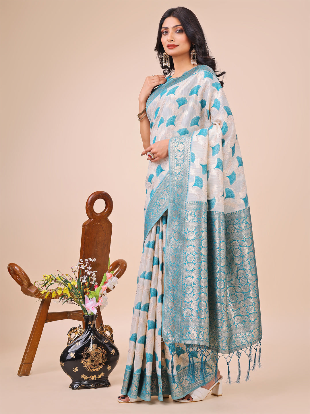 Shree Shyam Fashion Elegant Off-White & Teal Linen Cotton Saree with Zari Woven Border and Pallu - Soft Lightweight Saree for Daily,Festive & Office Wear