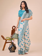 Shree Shyam Fashion Elegant Off-White & Teal Linen Cotton Saree with Zari Woven Border and Pallu - Soft Lightweight Saree for Daily,Festive & Office Wear