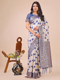Shree Shyam Fashion Elegant Off-White & Blue Linen Cotton Saree with Zari Woven Border and Pallu - Soft Lightweight Saree for Daily,Festive & Office Wear