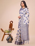 Shree Shyam Fashion Elegant Off-White & Blue Linen Cotton Saree with Zari Woven Border and Pallu - Soft Lightweight Saree for Daily,Festive & Office Wear