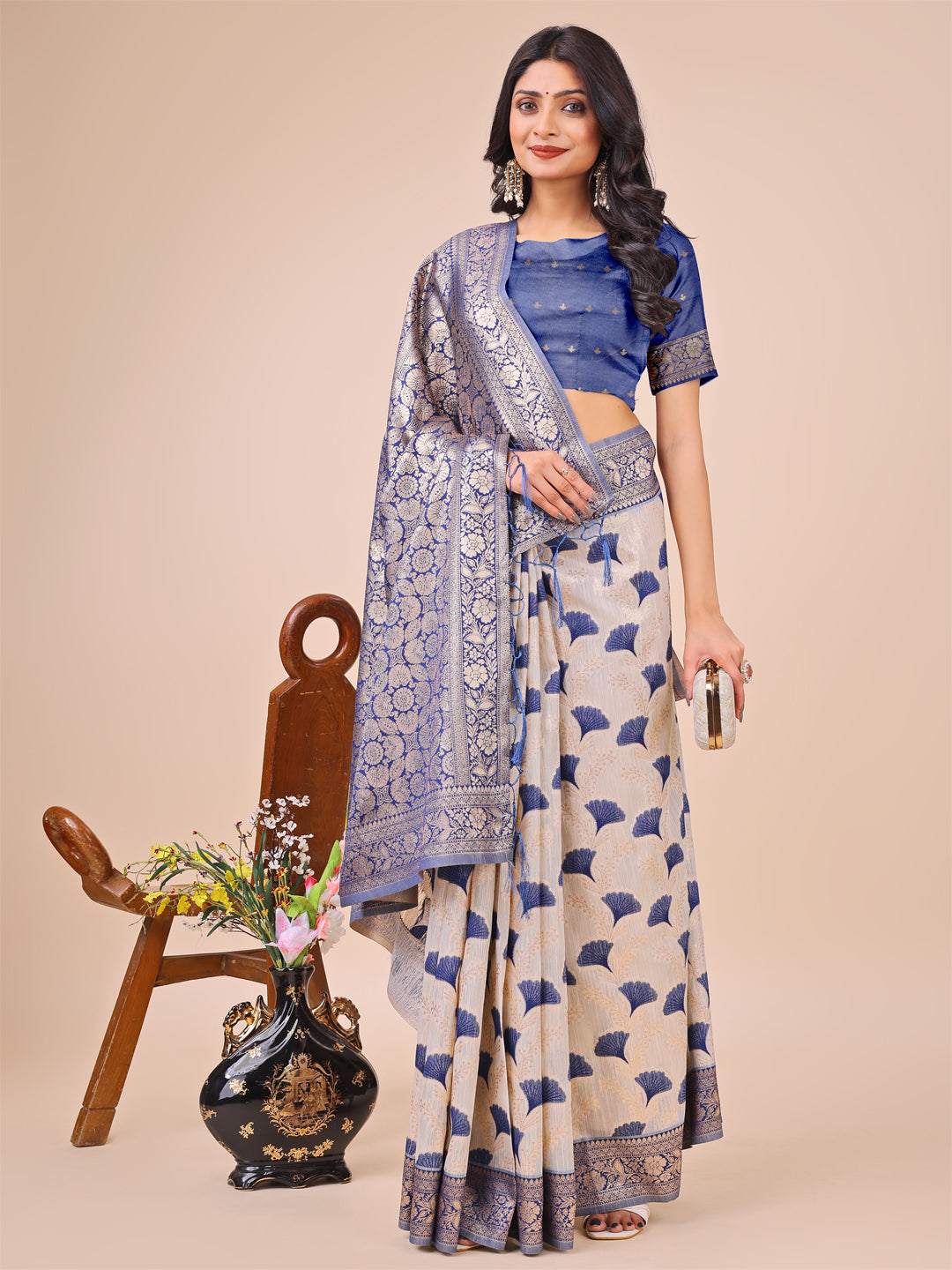 Shree Shyam Fashion Elegant Off-White & Blue Linen Cotton Saree with Zari Woven Border and Pallu - Soft Lightweight Saree for Daily,Festive & Office Wear