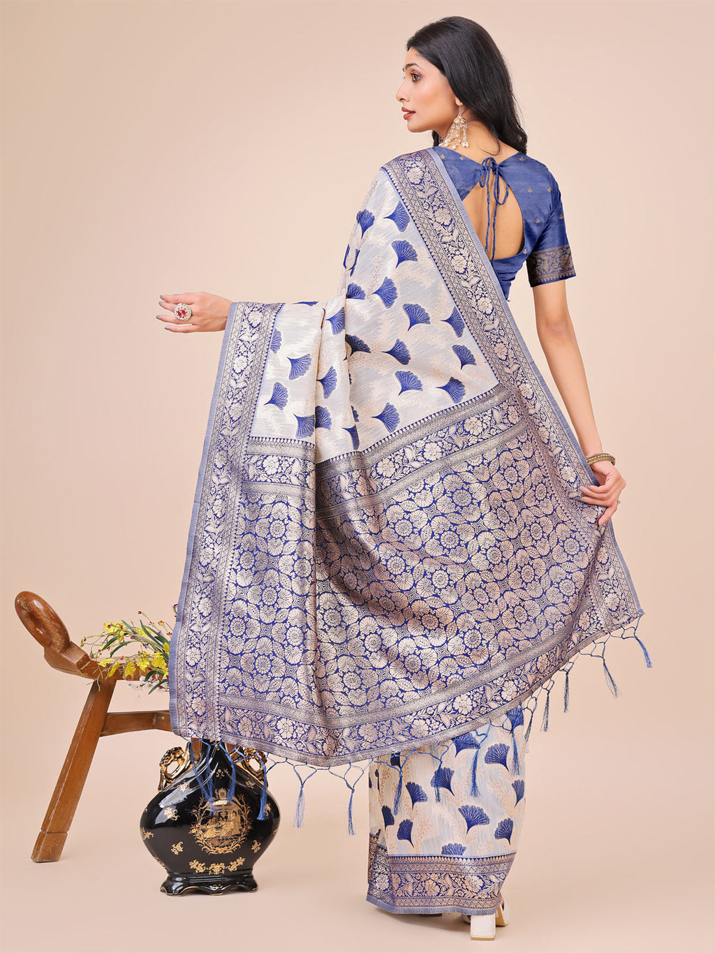 Shree Shyam Fashion Elegant Off-White & Blue Linen Cotton Saree with Zari Woven Border and Pallu - Soft Lightweight Saree for Daily,Festive & Office Wear