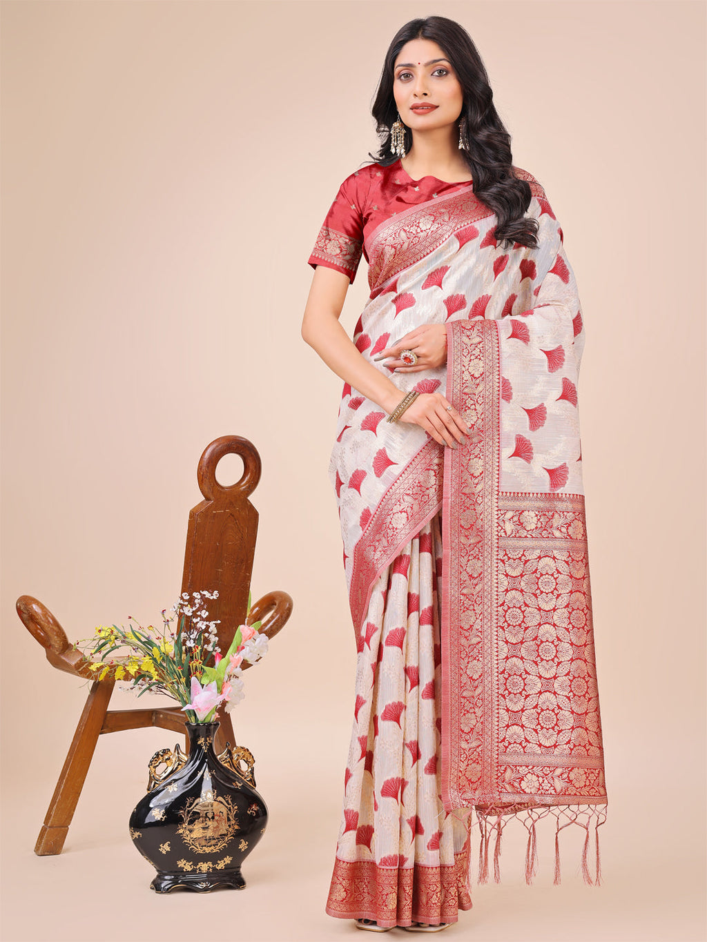 Shree Shyam Fashion Elegant Off-White & Maroon Linen Cotton Saree with Zari Woven Border and Pallu - Soft Lightweight Saree for Daily,Festive & Office Wear