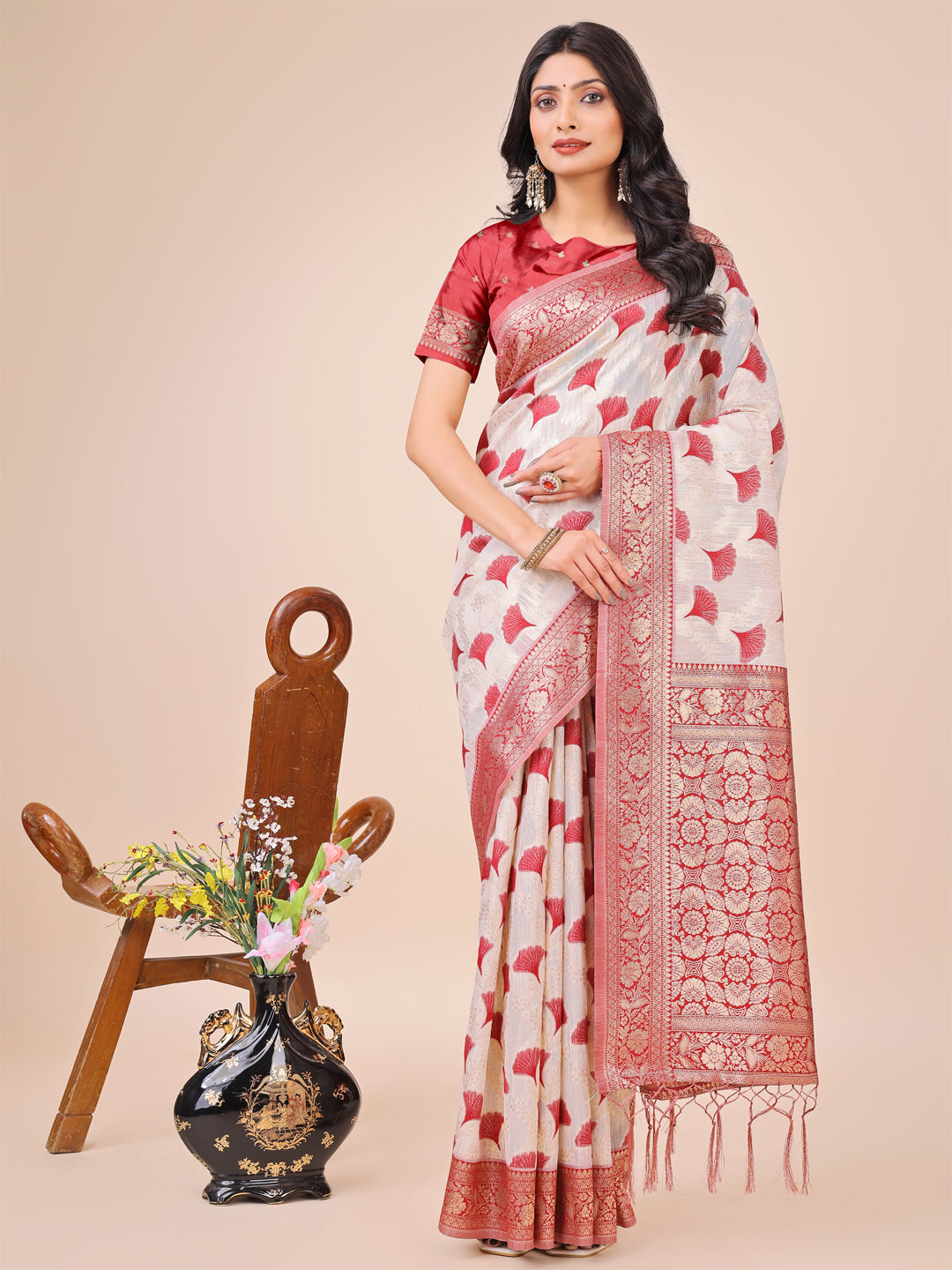 Shree Shyam Fashion Elegant Off-White & Maroon Linen Cotton Saree with Zari Woven Border and Pallu - Soft Lightweight Saree for Daily,Festive & Office Wear