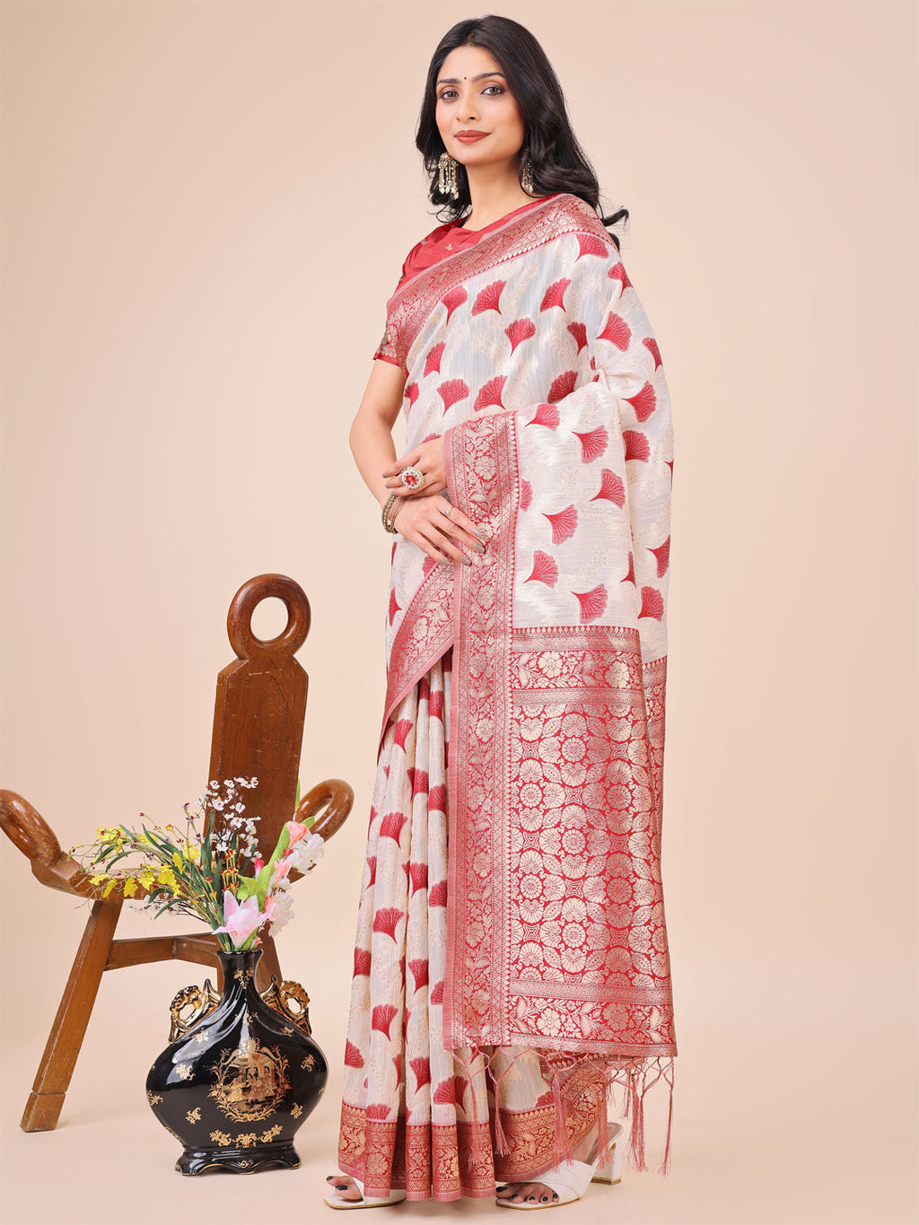 Shree Shyam Fashion Elegant Off-White & Maroon Linen Cotton Saree with Zari Woven Border and Pallu - Soft Lightweight Saree for Daily,Festive & Office Wear