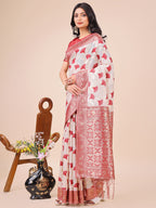 Shree Shyam Fashion Elegant Off-White & Maroon Linen Cotton Saree with Zari Woven Border and Pallu - Soft Lightweight Saree for Daily,Festive & Office Wear