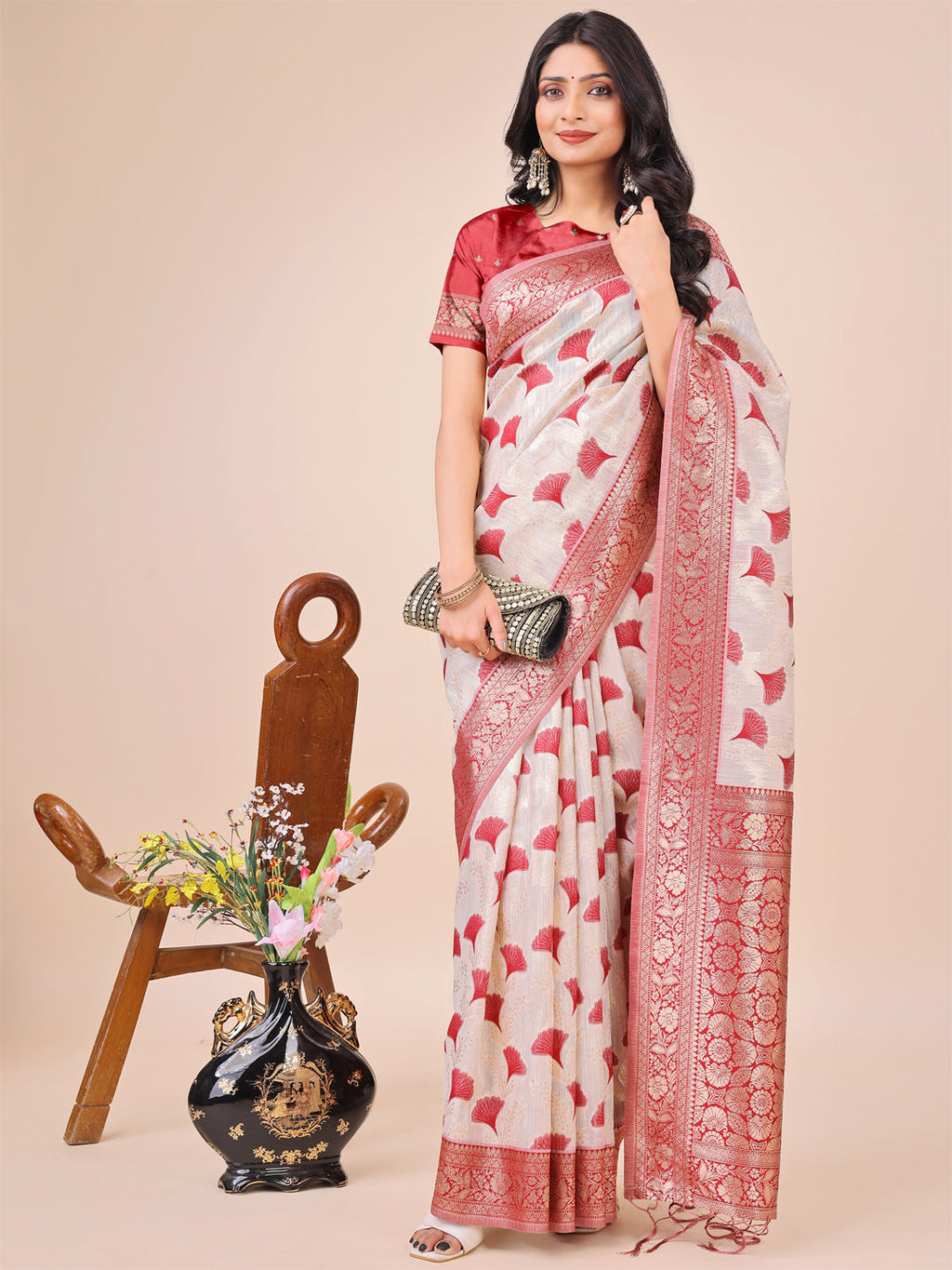 Shree Shyam Fashion Elegant Off-White & Maroon Linen Cotton Saree with Zari Woven Border and Pallu - Soft Lightweight Saree for Daily,Festive & Office Wear