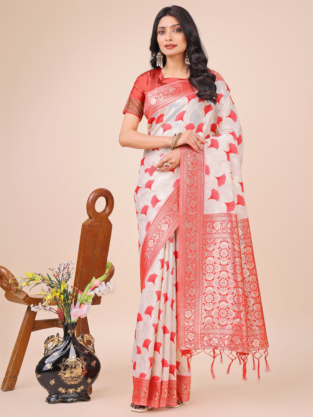 Shree Shyam Fashion Elegant Off-White & Red Linen Cotton Saree with Zari Woven Border and Pallu - Soft Lightweight Saree for Daily,Festive & Office Wear