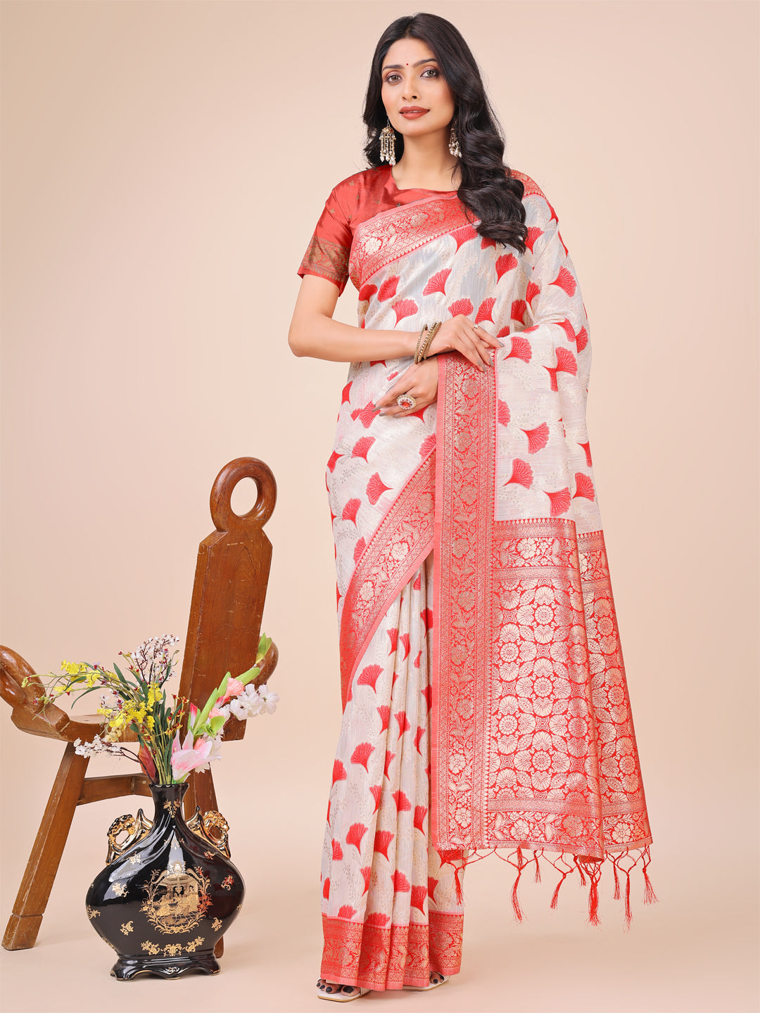 Shree Shyam Fashion Elegant Off-White & Red Linen Cotton Saree with Zari Woven Border and Pallu - Soft Lightweight Saree for Daily,Festive & Office Wear