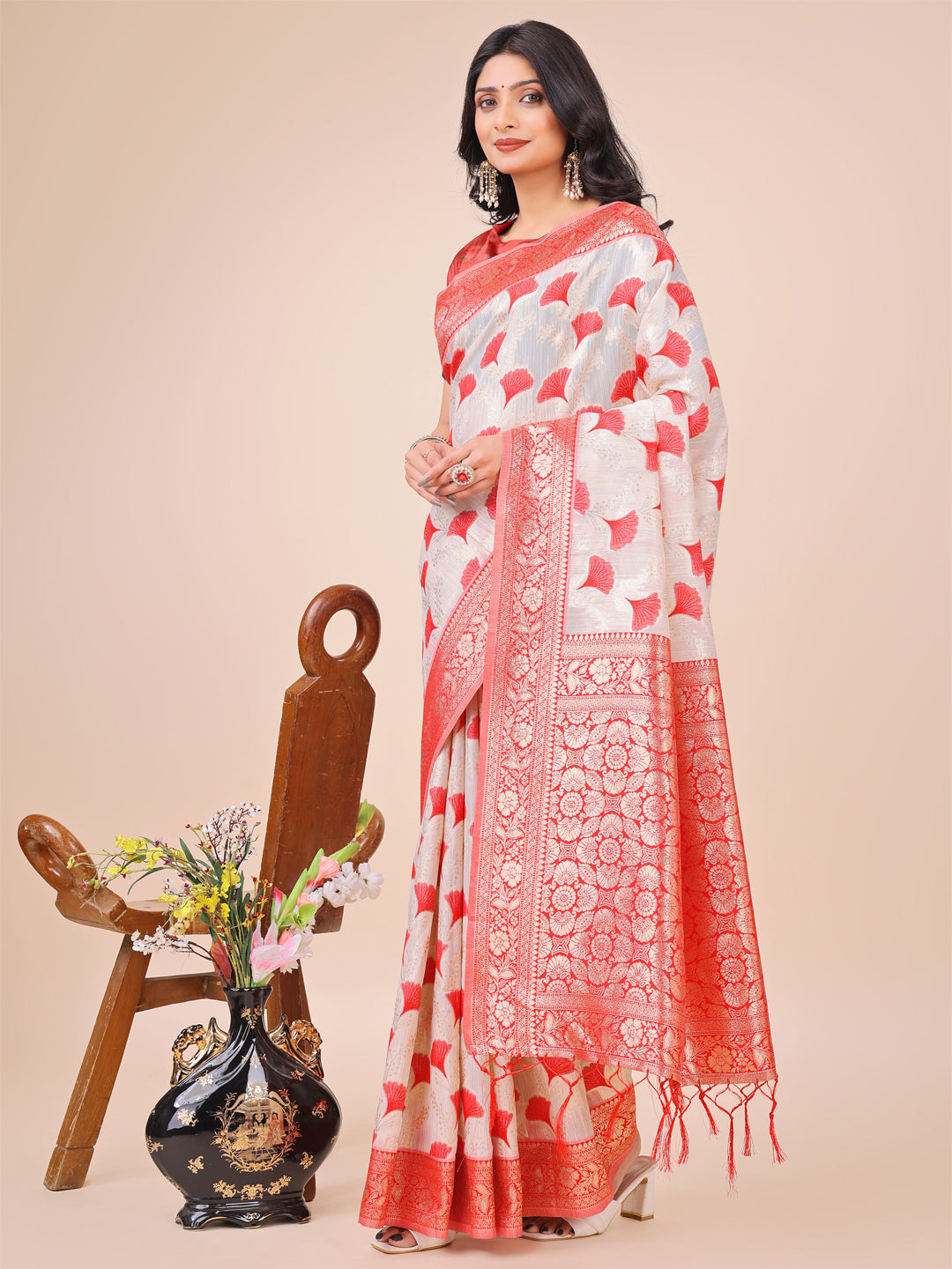 Shree Shyam Fashion Elegant Off-White & Red Linen Cotton Saree with Zari Woven Border and Pallu - Soft Lightweight Saree for Daily,Festive & Office Wear