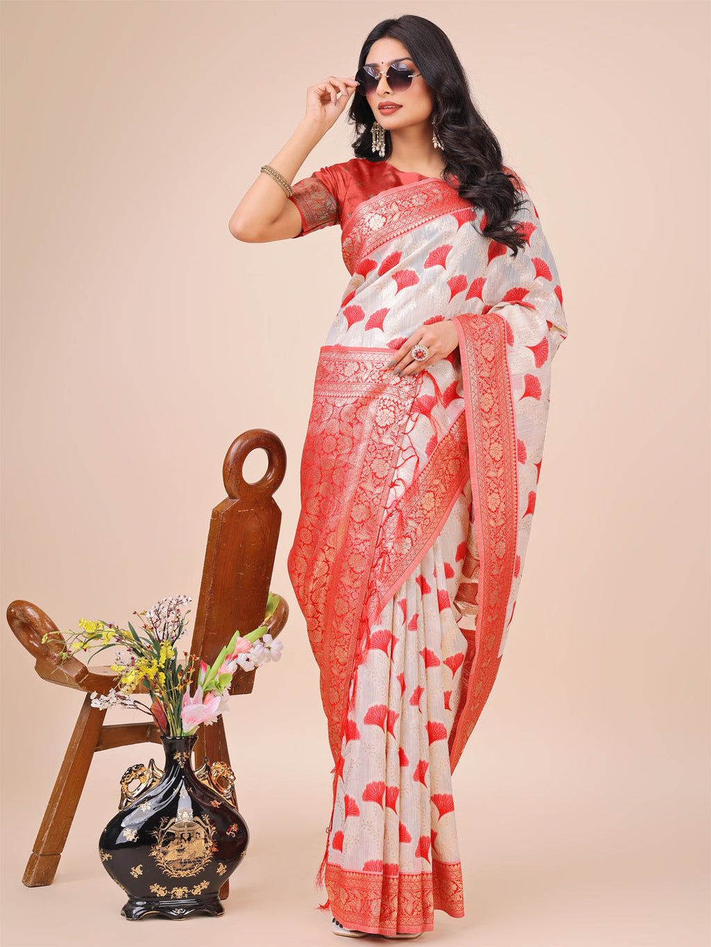 Shree Shyam Fashion Elegant Off-White & Red Linen Cotton Saree with Zari Woven Border and Pallu - Soft Lightweight Saree for Daily,Festive & Office Wear